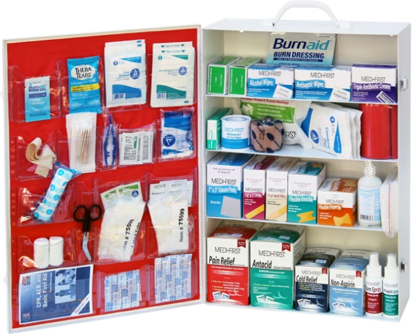 Wall-mounted first aid cabinet kept supplied by TWS in Omaha