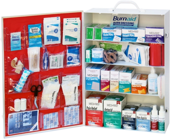 Stocked wall-mounted first aid cabinet serviced by TWS in Spartanburg, SC