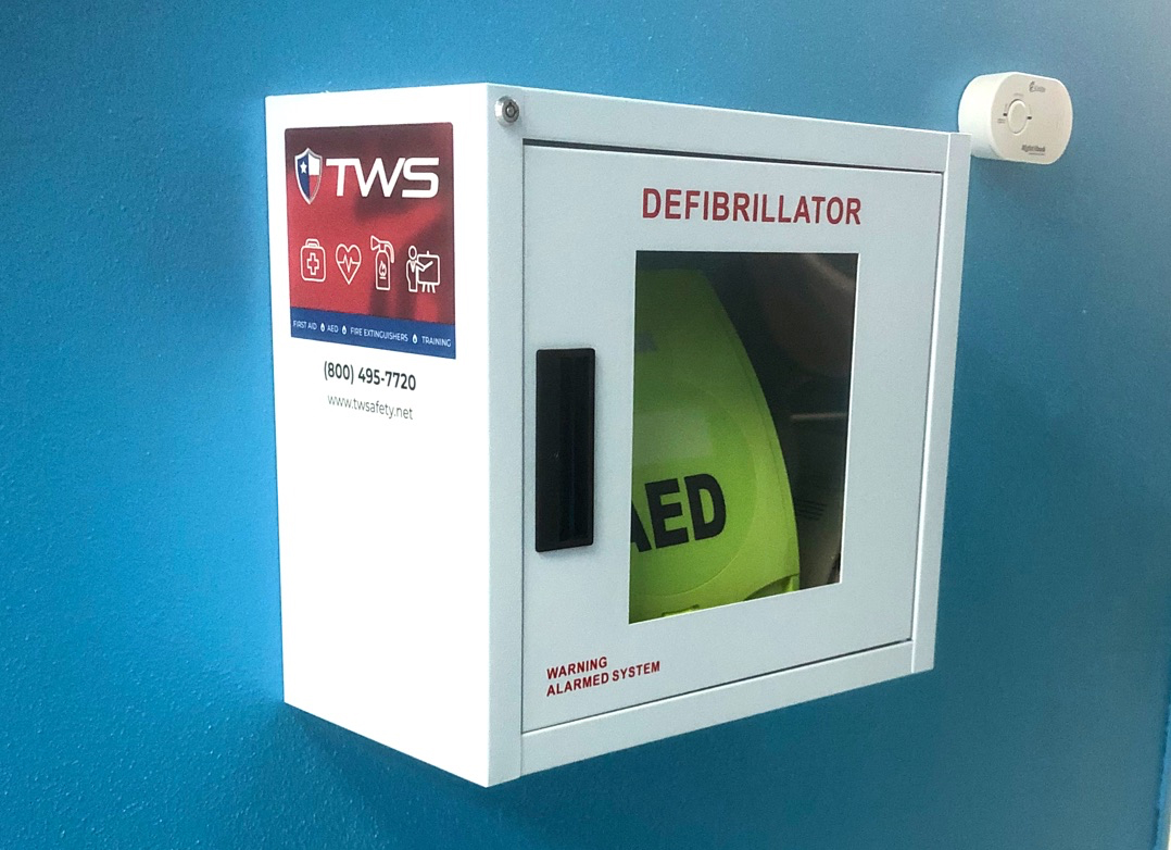 Commercial AED with fresh pads and battery at a Boulder workplace