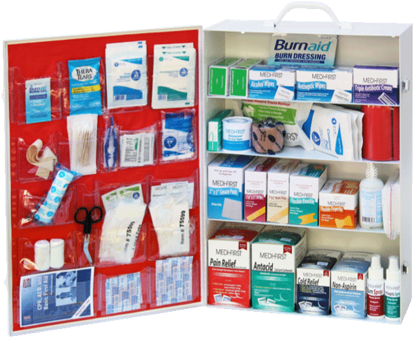 Stocked 4-shelf first aid kit for a Cuyahoga County, Ohio business