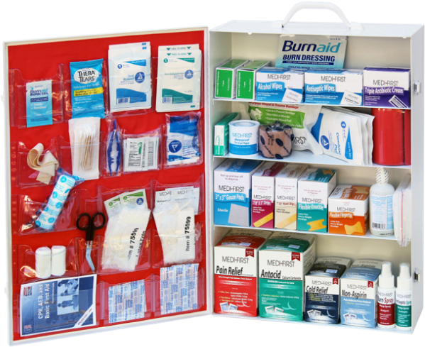 Stocked 4-shelf first aid kit for a Jacksonville, FL warehouse