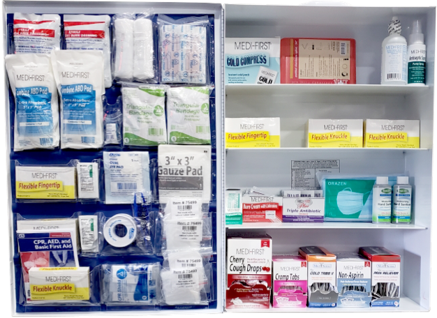Stocked wall cabinet for first aid kit refills in Rochester